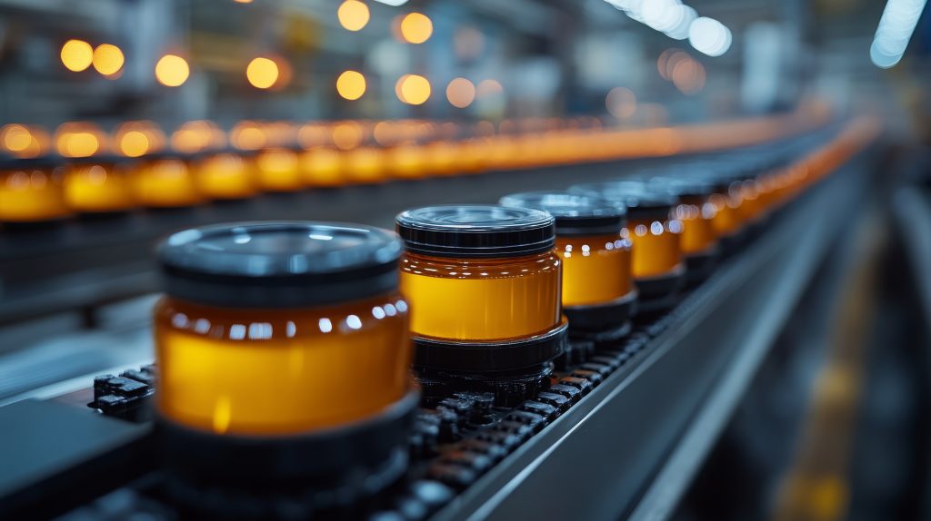 Orange jars move along a conveyor belt in a factory focused on sustainable manufacturing processes.